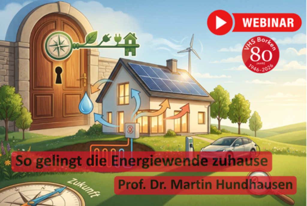Illustration eines Hauses mit Solarpanelen, Windrad, Elektroauto und Symbolen für erneuerbare Energien vor einer Landschaft mit Bäumen und Hügeln