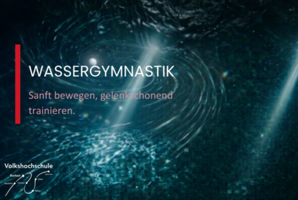 Wasseroberfläche mit Lichtreflexen und Text 'WASSERGYMNASTIK Sanft bewegen, gelenkschonend trainieren.'