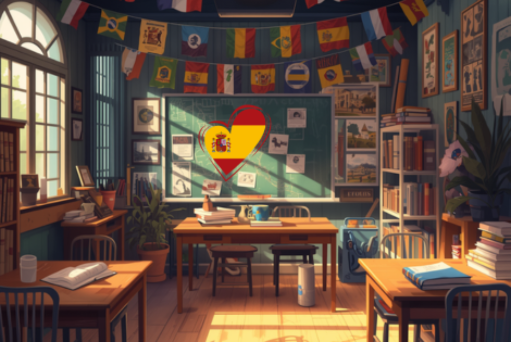 Klassenzimmer mit spanischer Herzflagge an der Tafel, mehreren Flaggen über der Tafel und Sonnenlicht durch Fenster