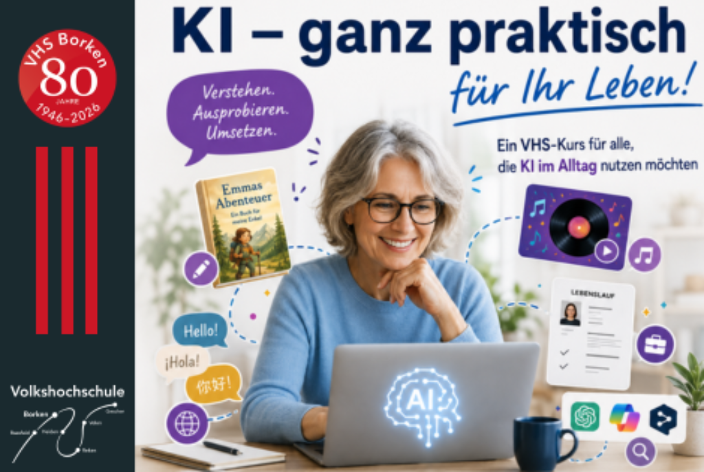 Frau sitzt vor Laptop mit leuchtendem AI-Symbol, umgeben von Sprechblasen mit Texten und Symbolen, links rotes VHS-Borken-Logo und Schriftzug Volkshochschule