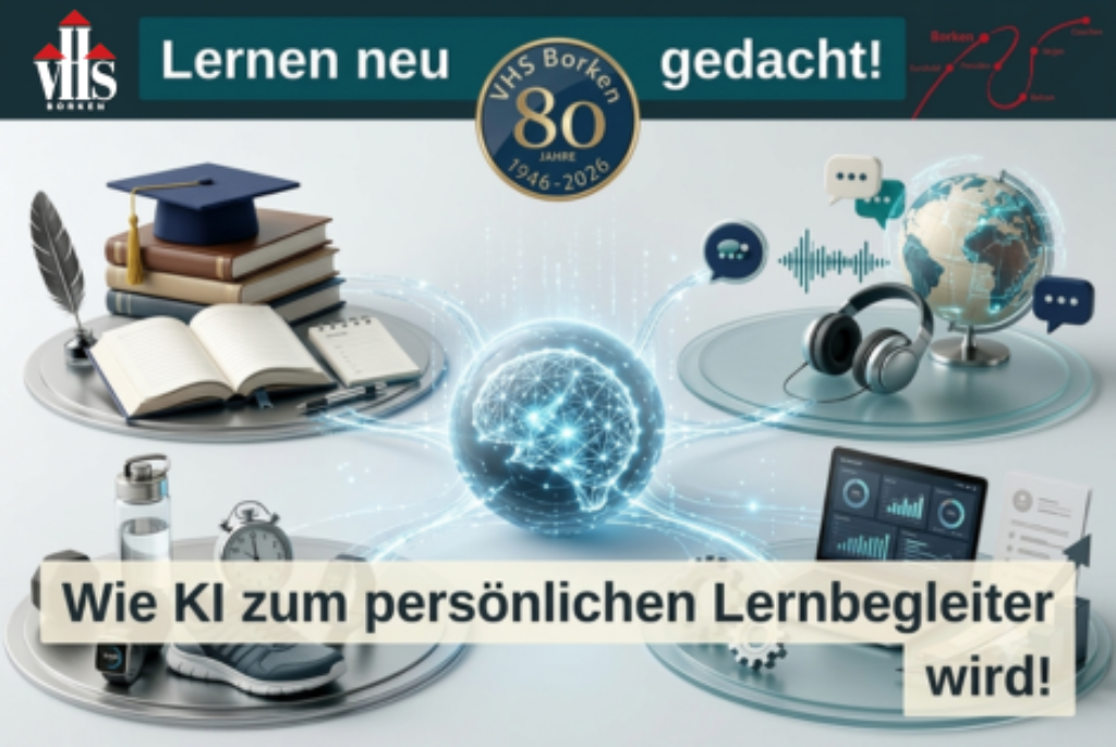 Collage mit geöffnetem Buch, Doktorhut, Feder, Globus, Kopfhörern, Uhr, Schuhen und digitaler Darstellung eines Gehirns, dazu Textbanner mit 'Wie KI zum persönlichen Lernbegleiter wird!'