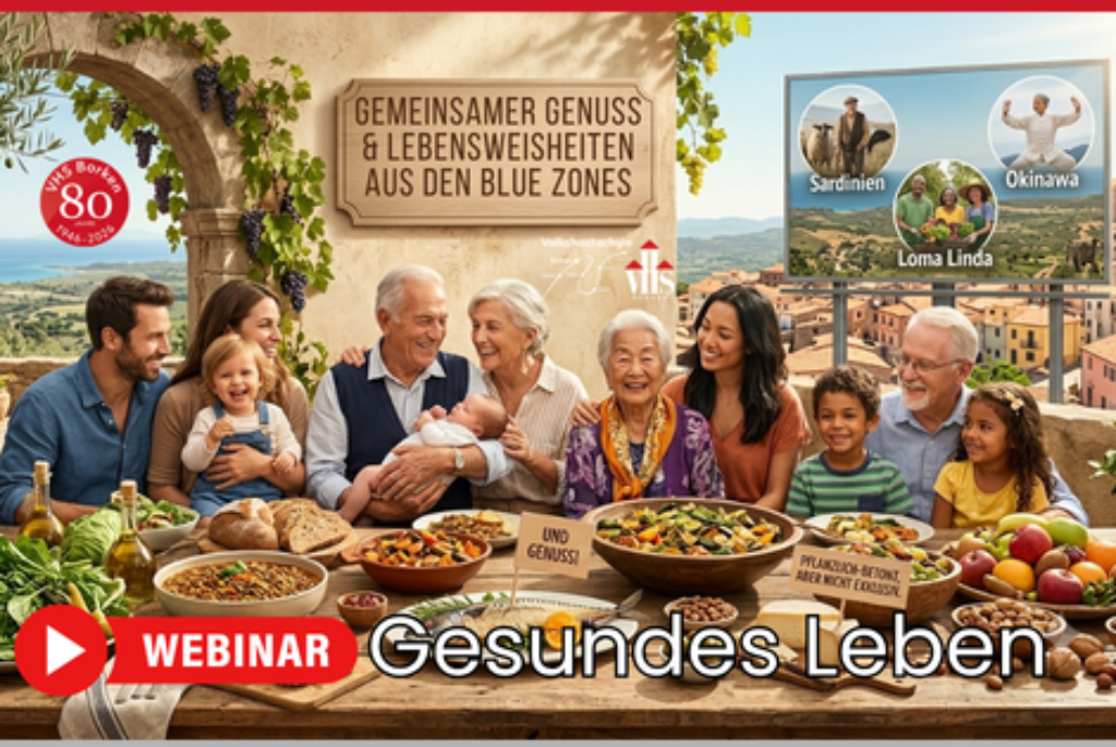 Mehrgenerationenfamilie sitzt an einem gedeckten Tisch mit vielfältigem Essen vor mediterraner Landschaft und Schild mit Text zu Blue Zones.