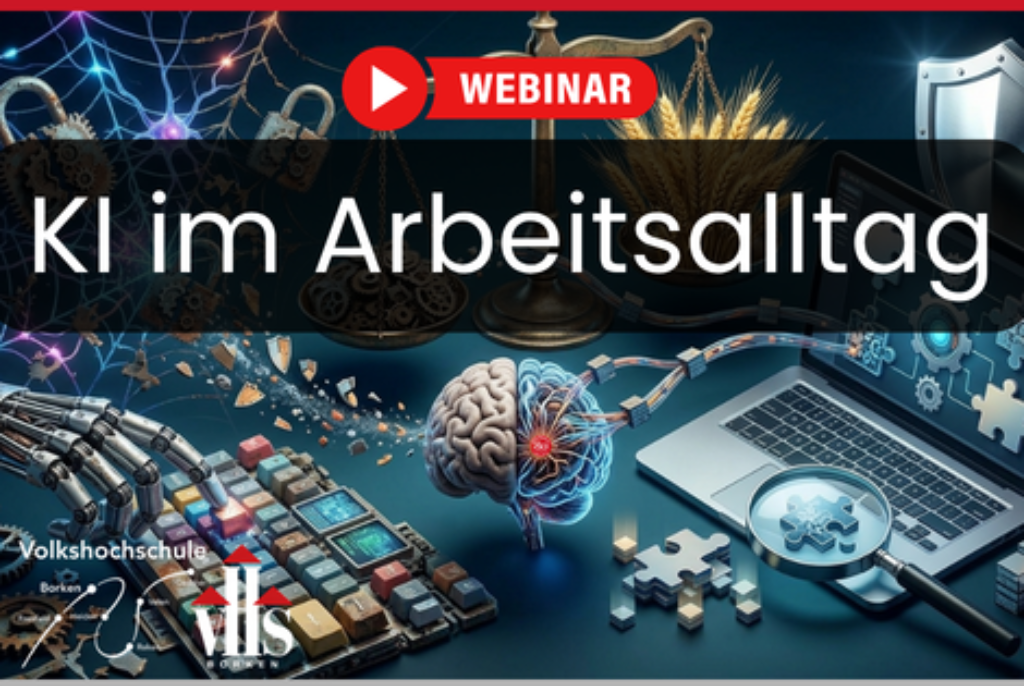 Collage mit Waage, Gehirn, Roboterhand, Laptop, Puzzleteilen und Text 'KI im Arbeitsalltag' sowie rotem Button mit 'WEBINAR'
