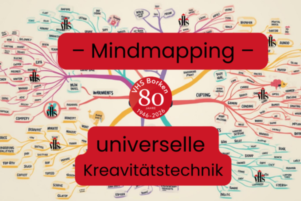 Bunte Mindmap mit dem Titel 'Mindmapping universelle Kreativitätstechnik' und dem Logo 'VHS Borken 80 Jahre 1946-2026' in der Mitte