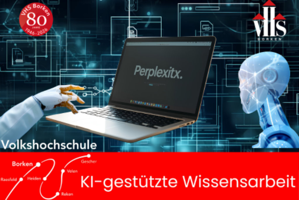 Laptop mit dem Schriftzug 'Perplexitx' auf dem Bildschirm, eine Roboterhand berührt die Tastatur, daneben ein digitaler humanoider Kopf vor einem Hintergrund mit technischen Linien und Symbolen