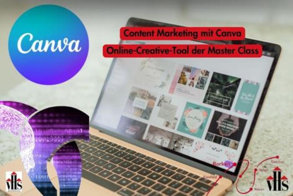 Laptop mit geöffneter Canva-Webseite, daneben das bunte Canva-Logo und rote Textfelder mit den Worten 'Content Marketing mit Canva' und 'Online-Creative-Tool der Master Class'