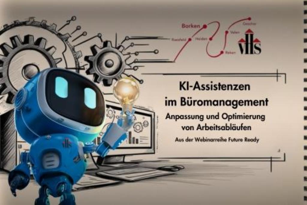 Blauer Roboter mit Glühbirne vor Computerbildschirm und Text zu KI-Assistenz im Büromanagement mit Anpassung und Optimierung von Arbeitsabläufen