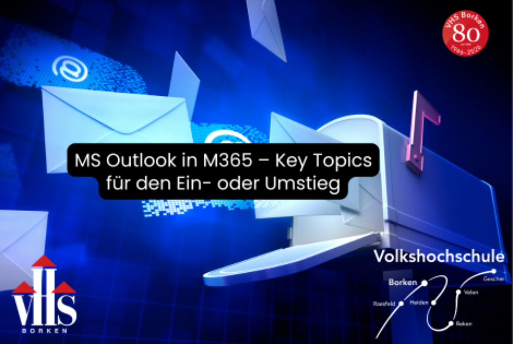Fliegende weiße Umschläge vor blauem Hintergrund mit Text 'MS Outlook in M365 – Key Topics für den Ein- oder Umstieg' und Logo der Volkshochschule Borken