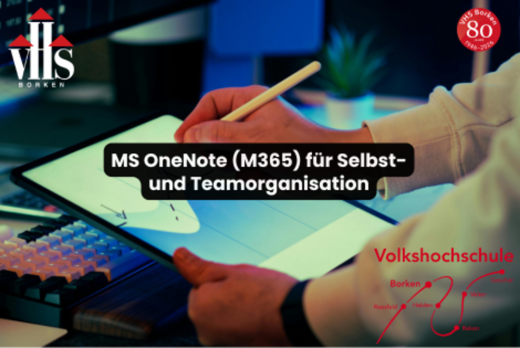 Hand mit Eingabestift schreibt auf Tablet mit geöffneter Notiz-App, im Hintergrund Tastatur und Pflanze