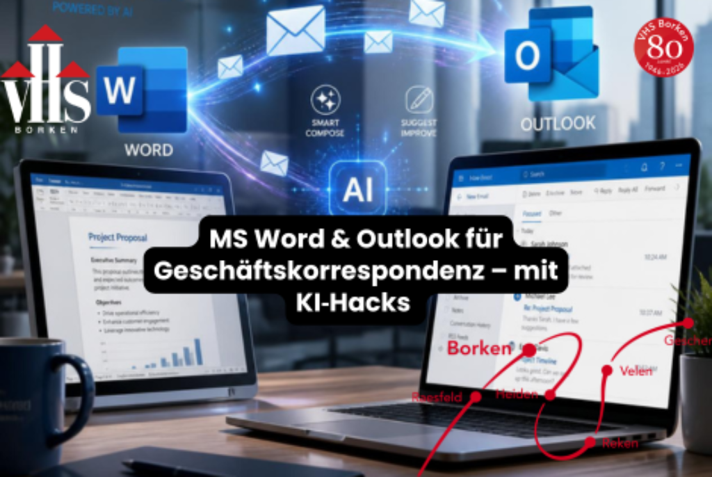 Zwei Bildschirme mit geöffneten MS Word- und Outlook-Anwendungen, darüber schwebende E-Mail-Symbole und das Wort 'AI'
