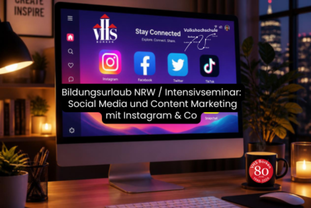 Computerbildschirm zeigt Social-Media-Logos von Instagram, Facebook, Twitter und TikTok mit Text zu Bildungsurlaub NRW und Intensivseminar Social Media und Content Marketing