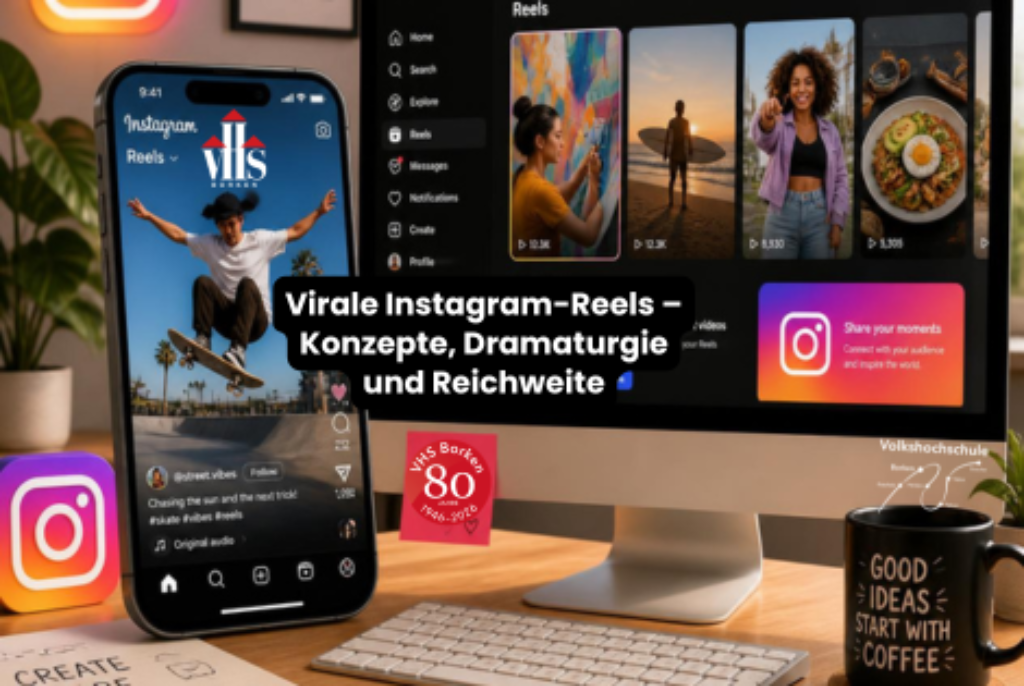 Smartphone zeigt Instagram-Reels mit Skateboarder, daneben Desktop-Monitor mit Instagram-Reels-Vorschau, Schreibtisch mit Tastatur, Tasse mit Aufschrift 'GOOD IDEAS START WITH COFFEE' und Pflanzen im Hintergrund