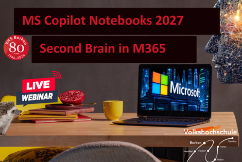 Laptop mit Microsoft-Logo auf dem Bildschirm neben einer gelben Tasse und einem Teller mit Granatapfelkernen auf einem Tisch, im Hintergrund Text zu einem Webinar über MS Copilot Notebooks 2027 und Second Brain in M365