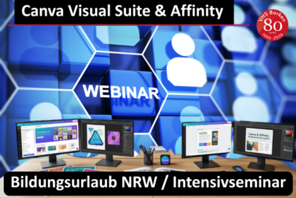 Drei Computerbildschirme auf einem Tisch vor einem Hintergrund mit sechseckigen Mustern und dem Wort 'WEBINAR'
