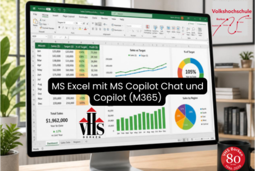 Computerbildschirm mit Excel-Dashboard, das Diagramme, Tabellen und eine MS Copilot Chat-Schnittstelle zeigt