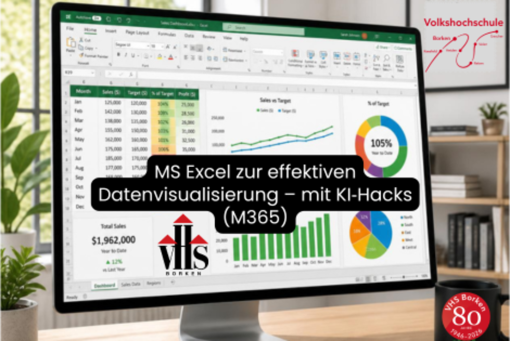 Bildschirm mit Excel-Dashboard zur Datenvisualisierung mit Diagrammen und Tabellen in einem modernen Büro.