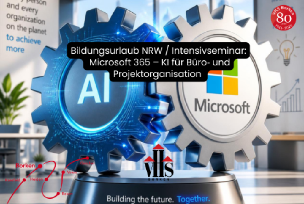 Zwei ineinandergreifende Zahnräder, eines mit leuchtendem "AI"-Symbol, das andere mit Microsoft-Logo, im Hintergrund unscharfe Büro- und Technikmotive