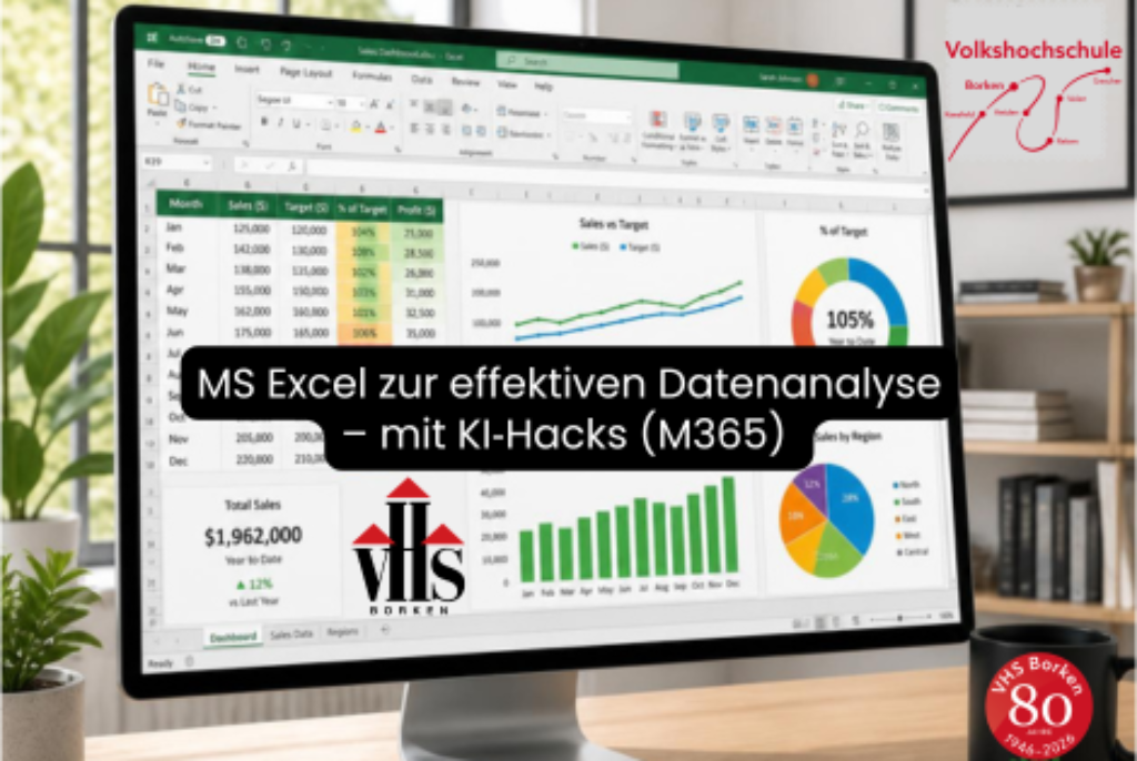 Computerbildschirm mit geöffnetem MS Excel-Dokument, das Tabellen, Diagramme und Grafiken zur Datenanalyse zeigt