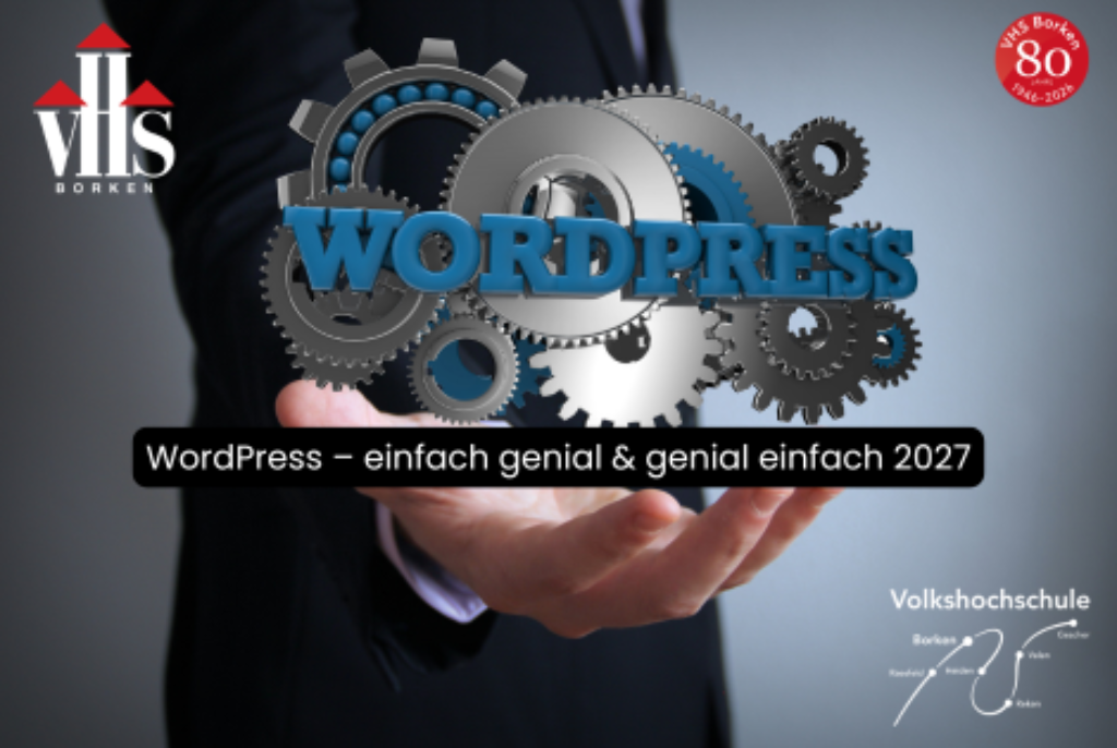 Mann im Anzug hält 3D-Wort "WORDPRESS" vor mehreren ineinandergreifenden Zahnrädern