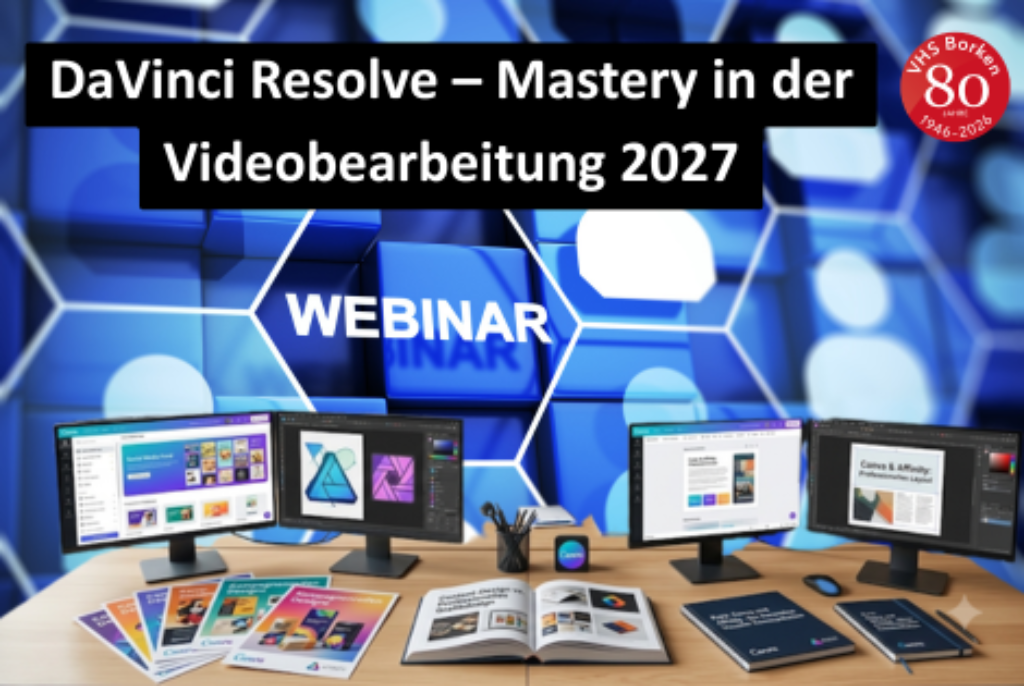 Drei Computerbildschirme auf einem Schreibtisch mit geöffneten Programmen und mehreren gedruckten Materialien davor, darüber Text 'DaVinci Resolve – Mastery in der Videobearbeitung 2027' und 'WEBINAR'