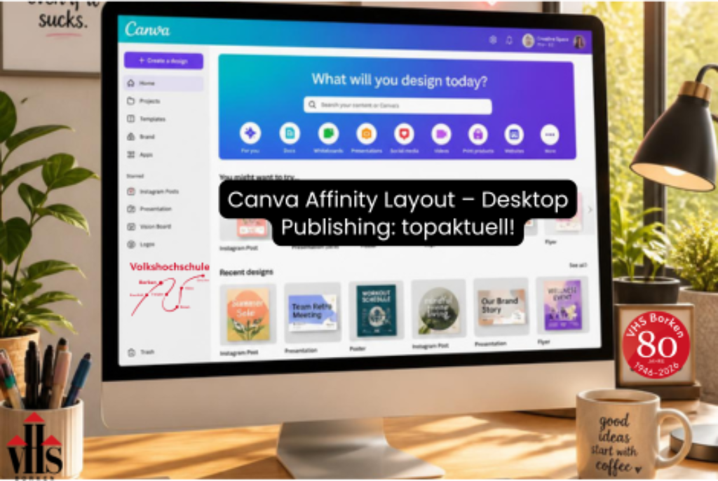 Computerbildschirm zeigt die Benutzeroberfläche von Canva mit verschiedenen Designvorlagen und einem Suchfeld