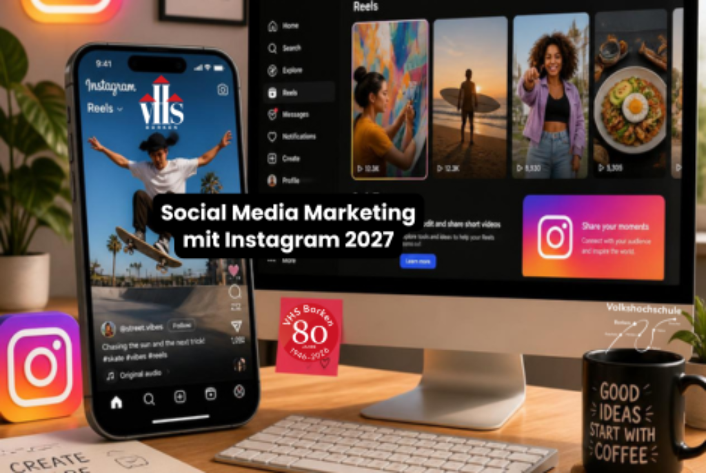 Smartphone mit Instagram Reels geöffnet neben Computerbildschirm mit Instagram Reels und Kaffeetasse mit Aufschrift 'GOOD IDEAS START WITH COFFEE'