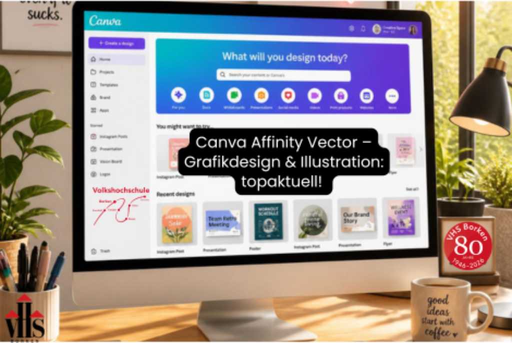 Computerbildschirm mit geöffneter Grafikdesign-Software Canva und verschiedenen Designvorlagen auf dem Schreibtisch mit Stiften, Pflanze und Lampe