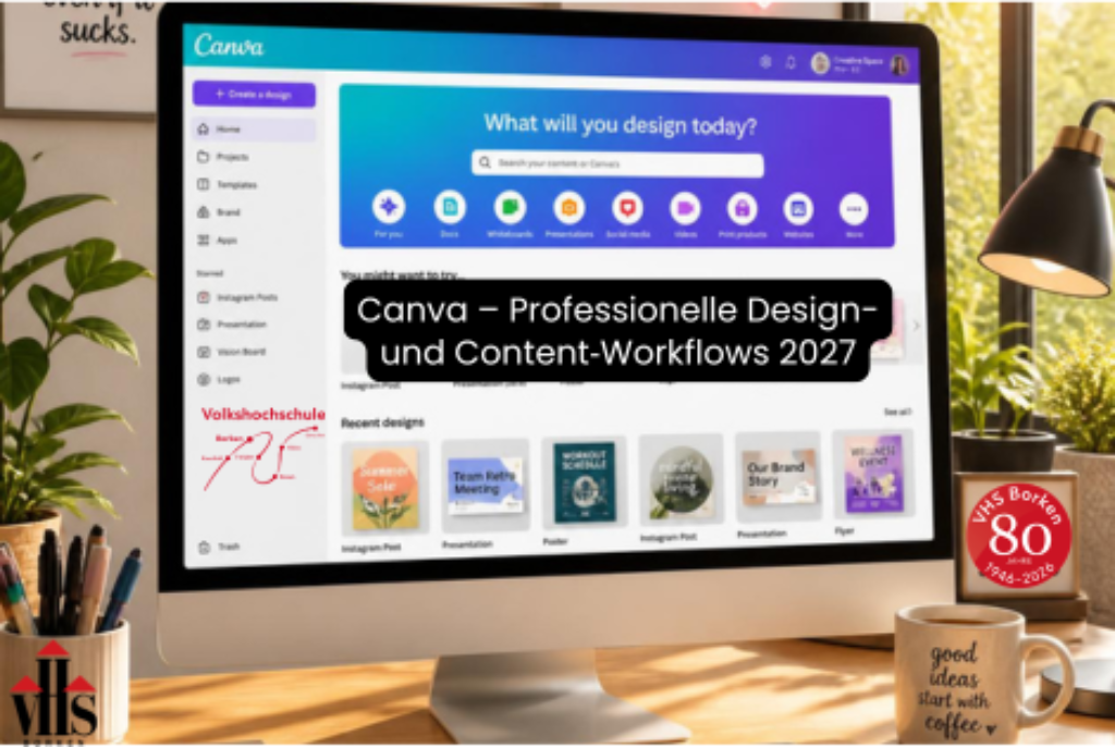 Computerbildschirm zeigt die Startseite von Canva mit verschiedenen Designvorlagen und Suchleiste auf einem Schreibtisch mit Stiften, Tasse und Lampe im Hintergrund