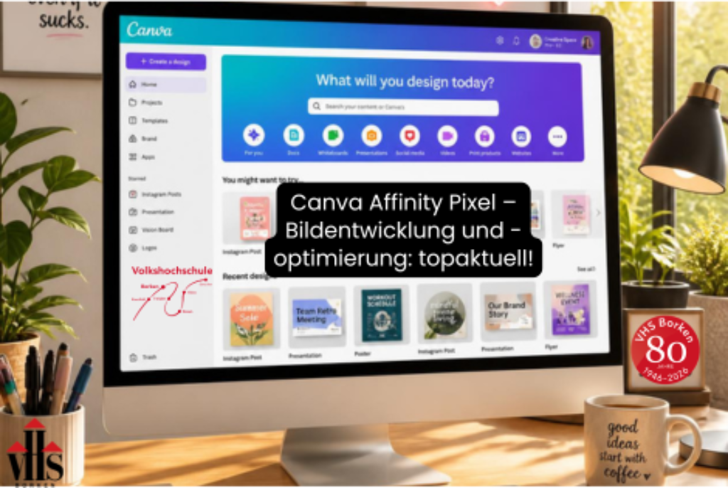 Computerbildschirm mit geöffneter Canva-Website zur Designauswahl auf einem Schreibtisch mit Stiftbehältern, Pflanze, Lampe und Kaffeetasse