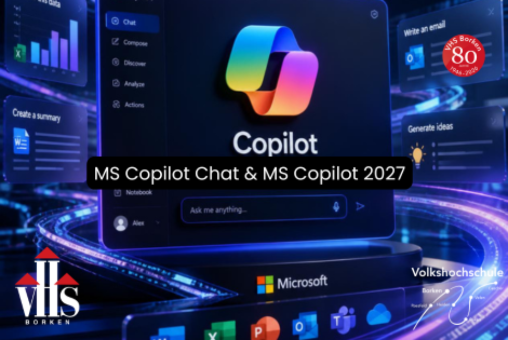 Benutzeroberfläche von Microsoft Copilot mit Chatfenster, Symbolen für Office-Anwendungen und Logos von VHS Borken und Volkshochschule Borken