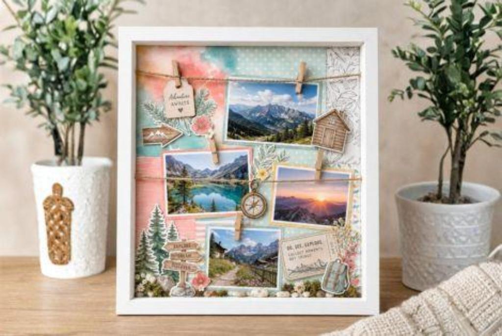 Collage mit Landschaftsfotos, Kompass, Holzschildchen und Wanderutensilien in einem weißen Schattenrahmen zwischen zwei Pflanzen
