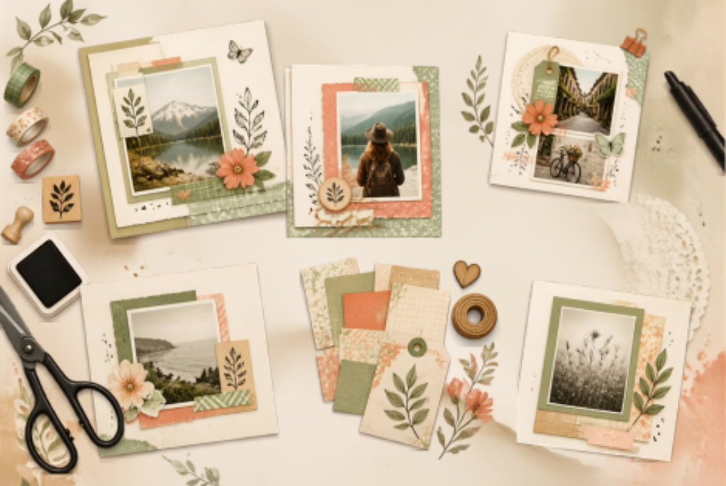 Mehrere Scrapbooking-Seiten mit Naturmotiven, Fotos, Blättern, Blumen und Bastelmaterialien wie Schere, Stempelkissen und Washi-Tape auf hellem Untergrund arrangiert