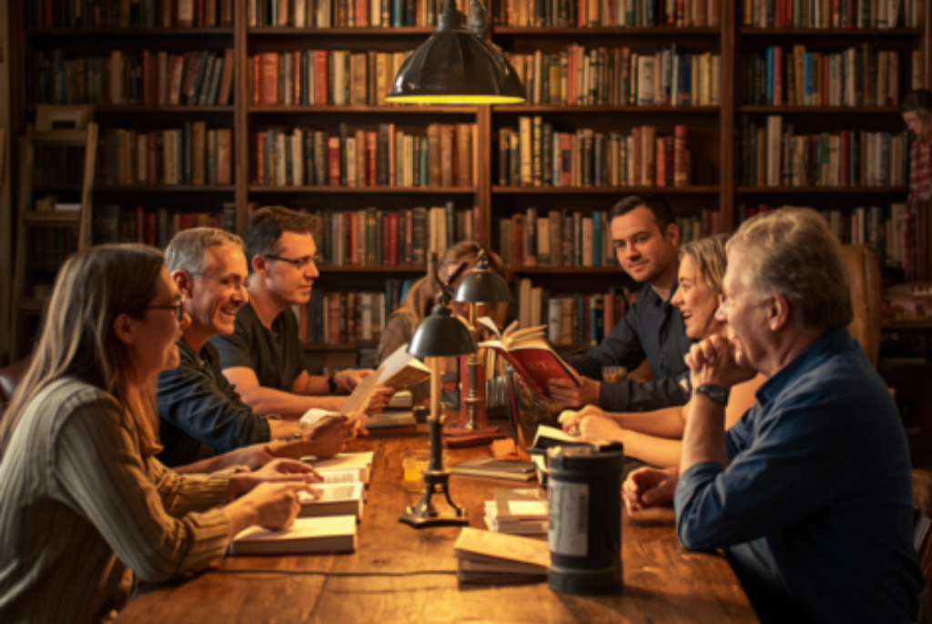 Sieben Personen sitzen an einem Holztisch in einem Raum mit Bücherregalen und lesen oder diskutieren gemeinsam.