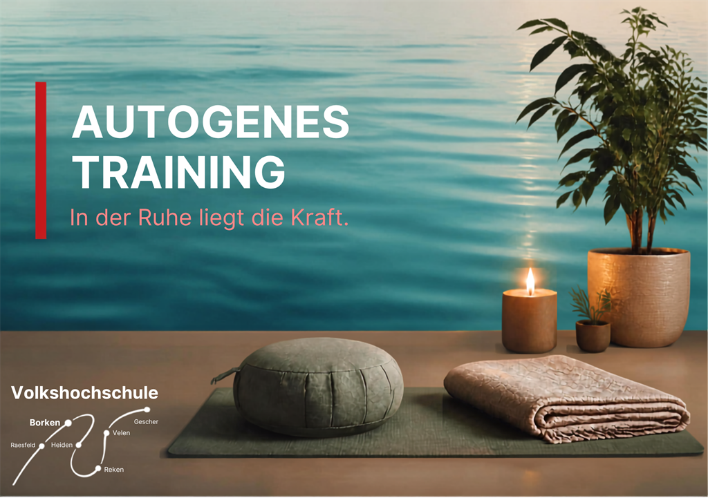 Meditationskissen, gefaltete Decke, brennende Kerze und Topfpflanze auf Yogamatte vor blau-grünem Hintergrund mit Text zu autogenem Training
