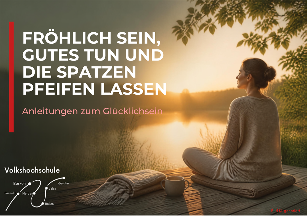 Frau sitzt im Schneidersitz auf einer Holzplattform am Wasser bei Sonnenuntergang mit Decke und Tasse neben sich