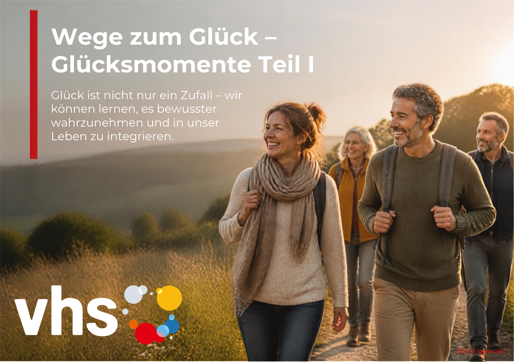 Gruppe von vier lächelnden Erwachsenen beim Spaziergang auf einem Feldweg im Sonnenlicht
