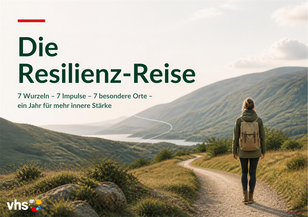 Person mit Rucksack wandert auf einem gewundenen Weg durch eine hügelige Landschaft mit Bergen im Hintergrund