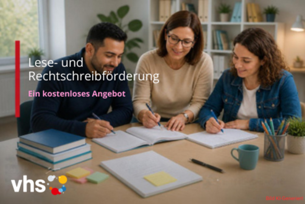 Drei Personen sitzen an einem Tisch und schreiben in Hefte, auf dem Tisch liegen Bücher, Stifte und eine Tasse