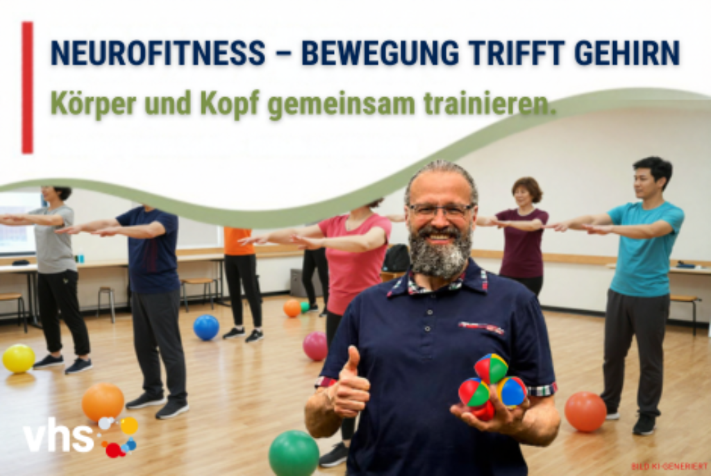Gruppe von Menschen in einem Raum macht mit ausgestreckten Armen eine Übung, im Vordergrund lächelnder Mann mit Brille und Bart hält bunte Bälle und zeigt Daumen hoch
