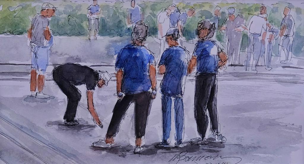 Aquarellzeichnung von mehreren Personen, die auf einem Platz Boule spielen, einige stehen, eine Person beugt sich nach vorne
