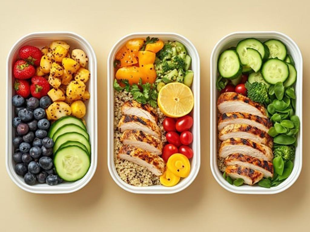 Verschiedene Mahlzeiten in drei verschiedenen Boxen mit Obst, Gemüse und Fleisch.