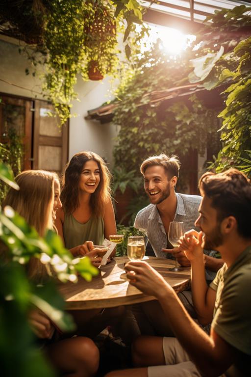 Gruppe von Freunden im Gespräch im Garten