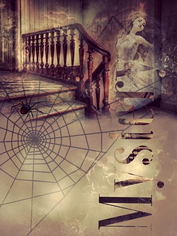 Spinne im Netz vor Treppe und Skulptur einer Dame, rechts Schriftzug ‚Mystery