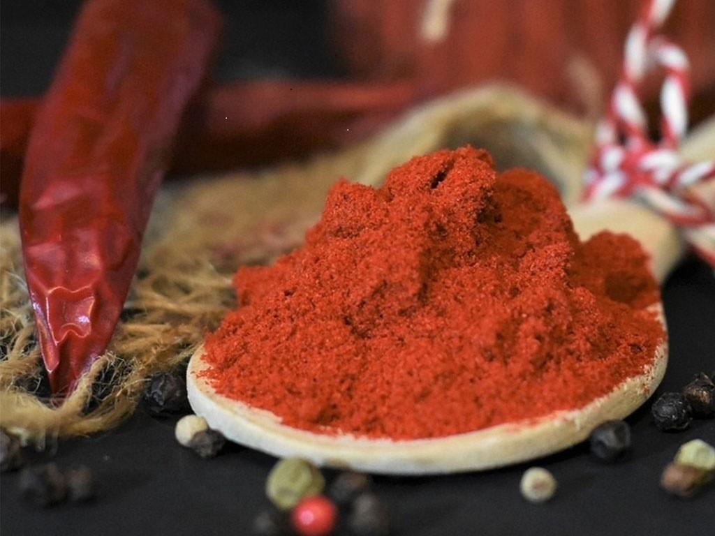 Rotes Paprikapulver auf einem Holzlöffel, das neben einer roten Chili plaziert ist.