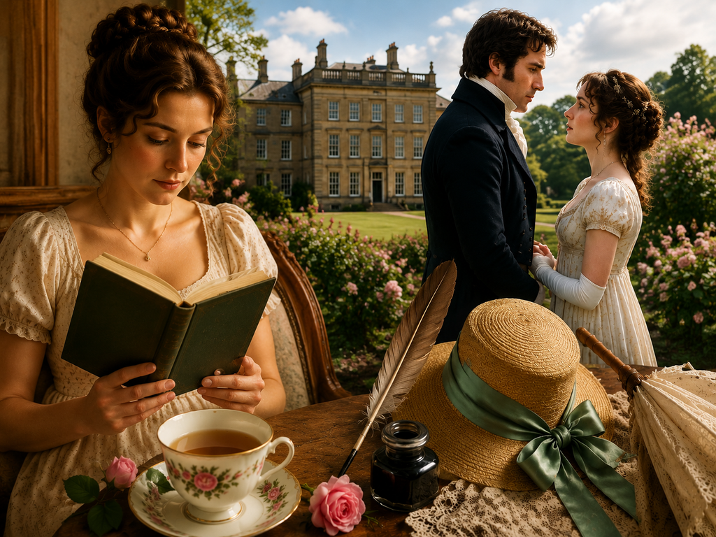 Alt-Text: Typische literarische Szene aus Jane Eyre und Stolz und Vorurteil mit historischen Figuren in eleganter Kleidung
