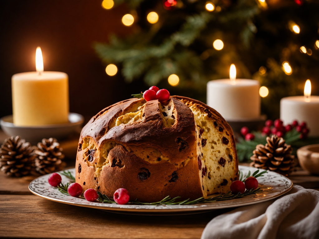 Weihnachtlicher Panettone mit festlichen Kerzen im Hintergrund.