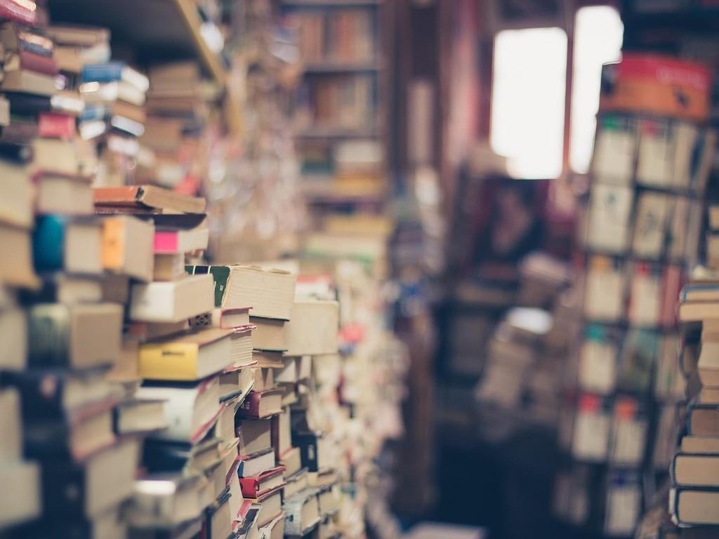 Stapel von Büchern in einer Buchhandlung mit verschiedenen Buchcovern und Regalen im Hintergrund.