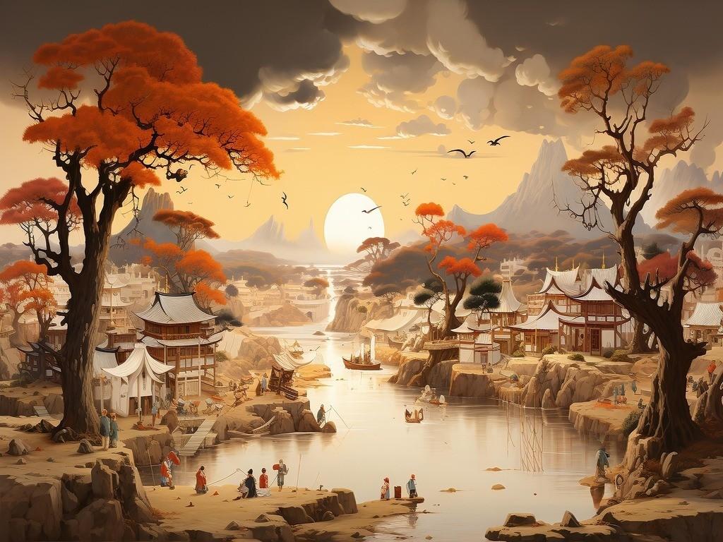 Zeichnung eines traditionellen koreanischen Dorfes mit historischen Häusern.