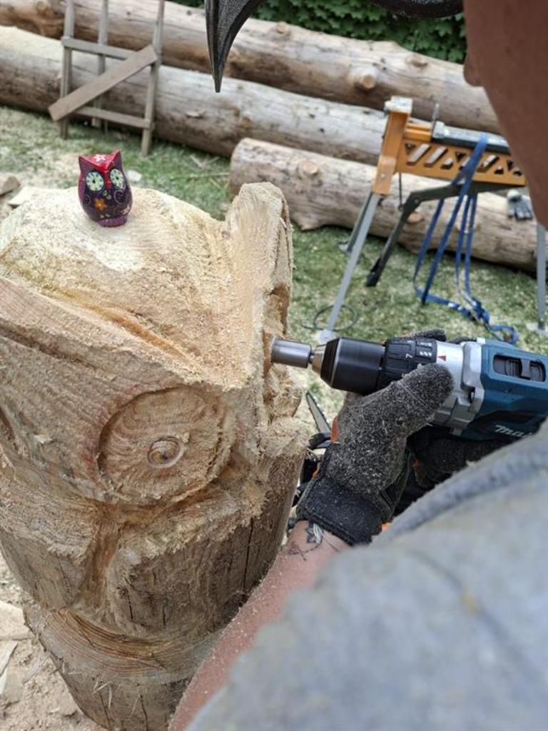 Eine Eule entsteht, geschnitzt mit der Kettensäge.